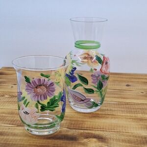 Tumble Up Hand Painted Pitcher Carafe Flowers Butterfly‎ Clear Glass Vintage